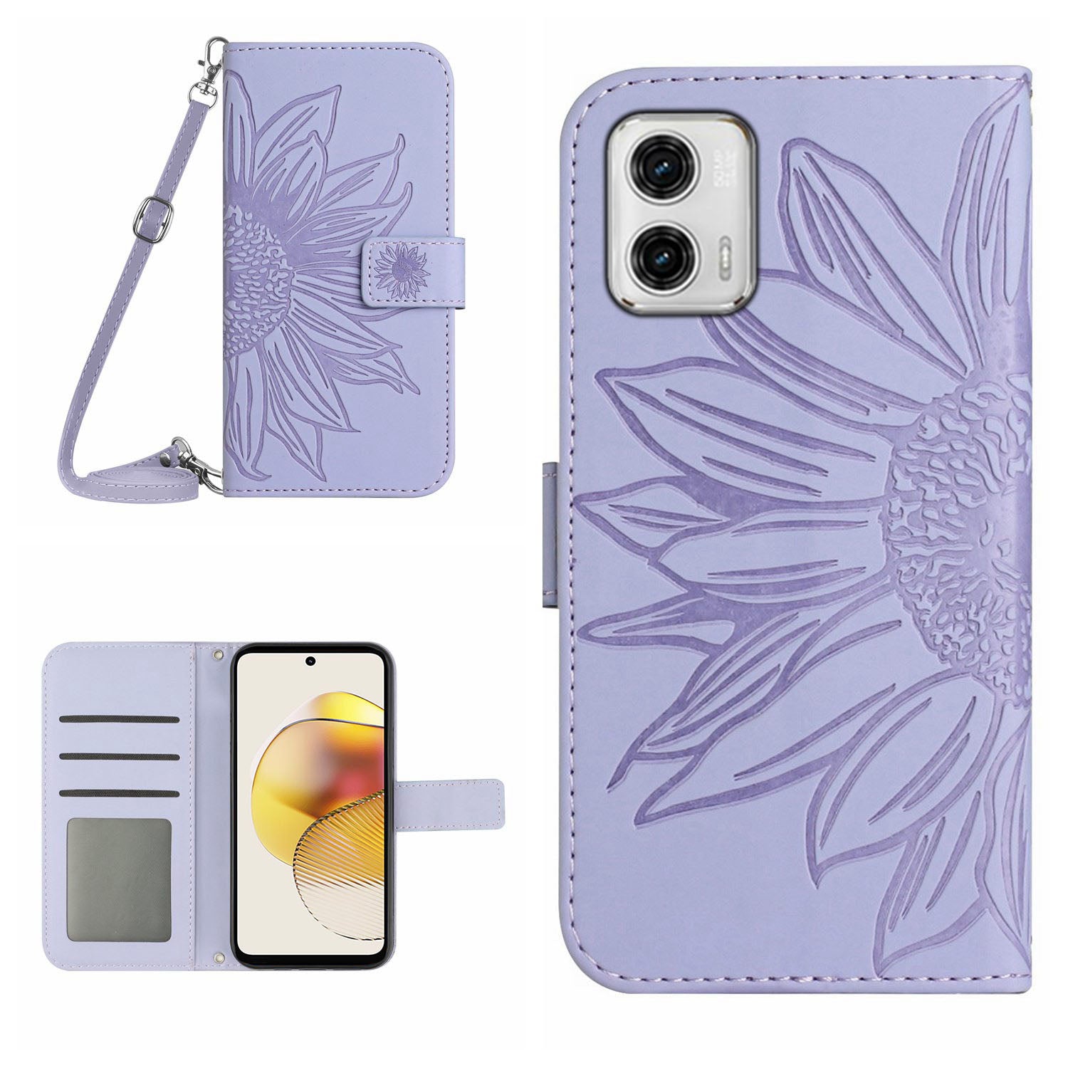 HT04 Flip Cover for Motorola Moto G73 5G Bump Proof Sunflower Imprinted Stand Wallet PU Leather Case with Shoulder Strap HT04 Flip Cover for Motorola Moto G73 5G Bump Proof Sunflower Imprinted Stand Wallet PU Leather Case with Shoulder Strap